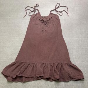 Boho purple brown cotton mini sundress with ruffle hem, hippie ties festival